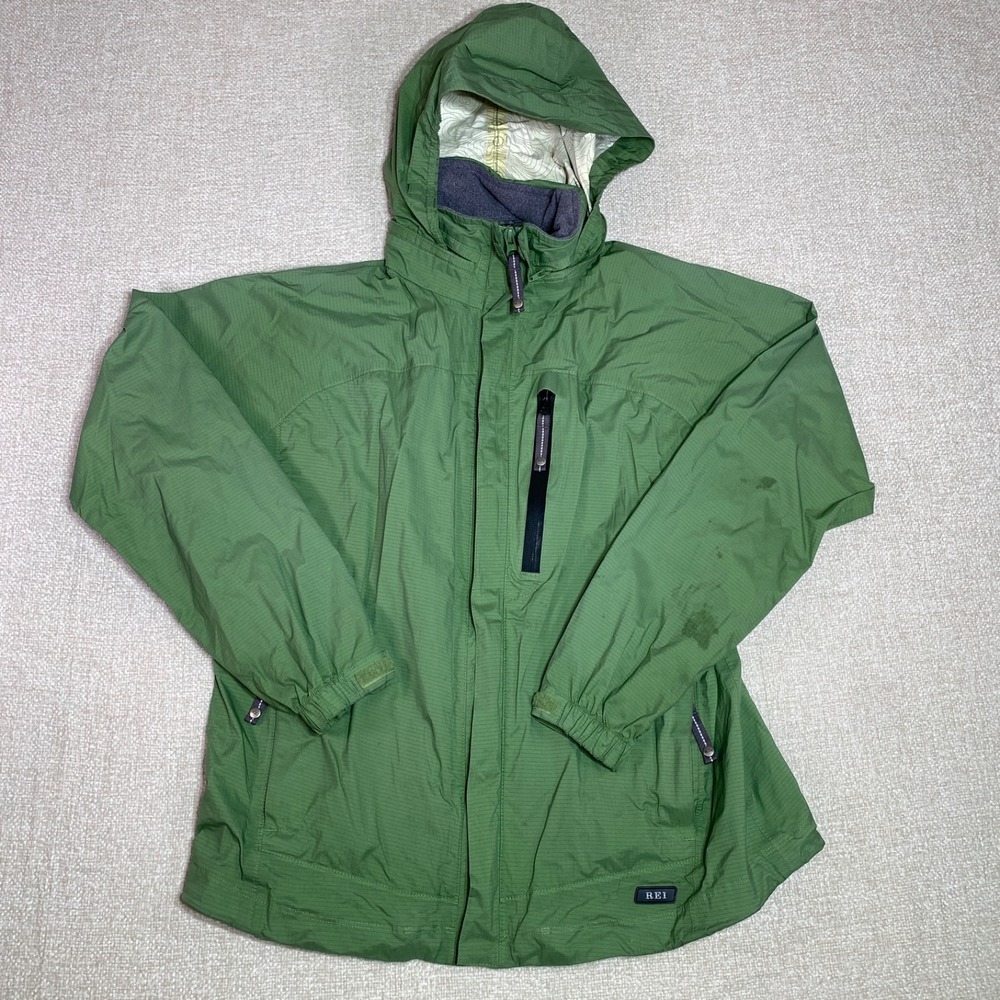 REI Elements Rain Jacket Boys XL 16/18 Green Waterproof Hooded Outdoor *READ